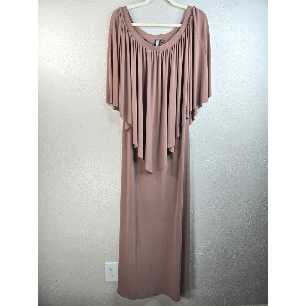 KOH KOH Cape Maxi Dress XL Tan Off Shoulder Drape Formal Evening Gown Wedding